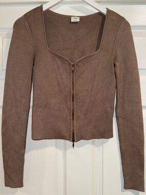 Abercrombie & Fitch Sweetheart Neck Taupe Full Gold Zip Knit Cropped Sweater Top